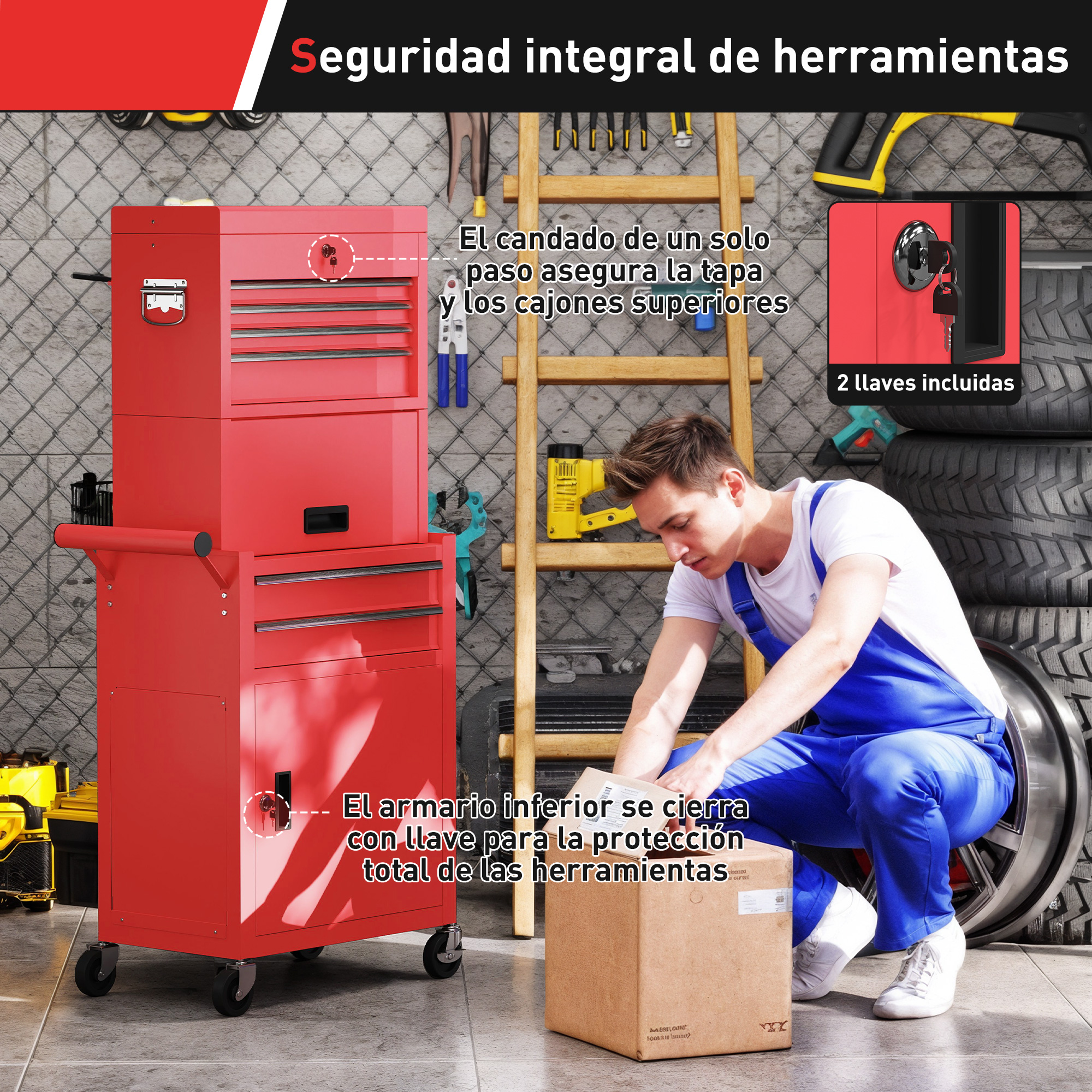 Un hombre con overol azul empaqueta una caja junto a un armario de herramientas rojo.