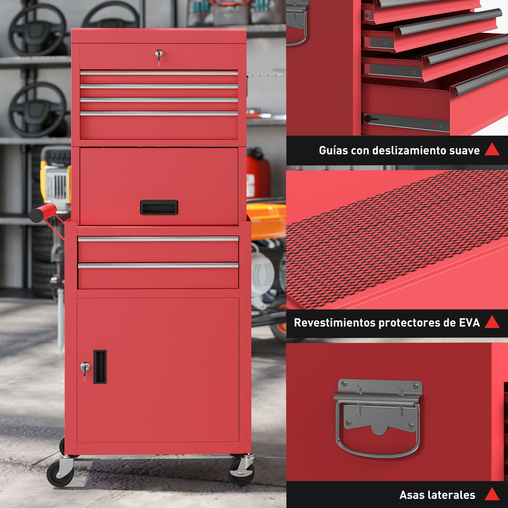 Cajonera roja con ruedas, cajones y asas. Fondo de garaje con neumáticos y estanterías.