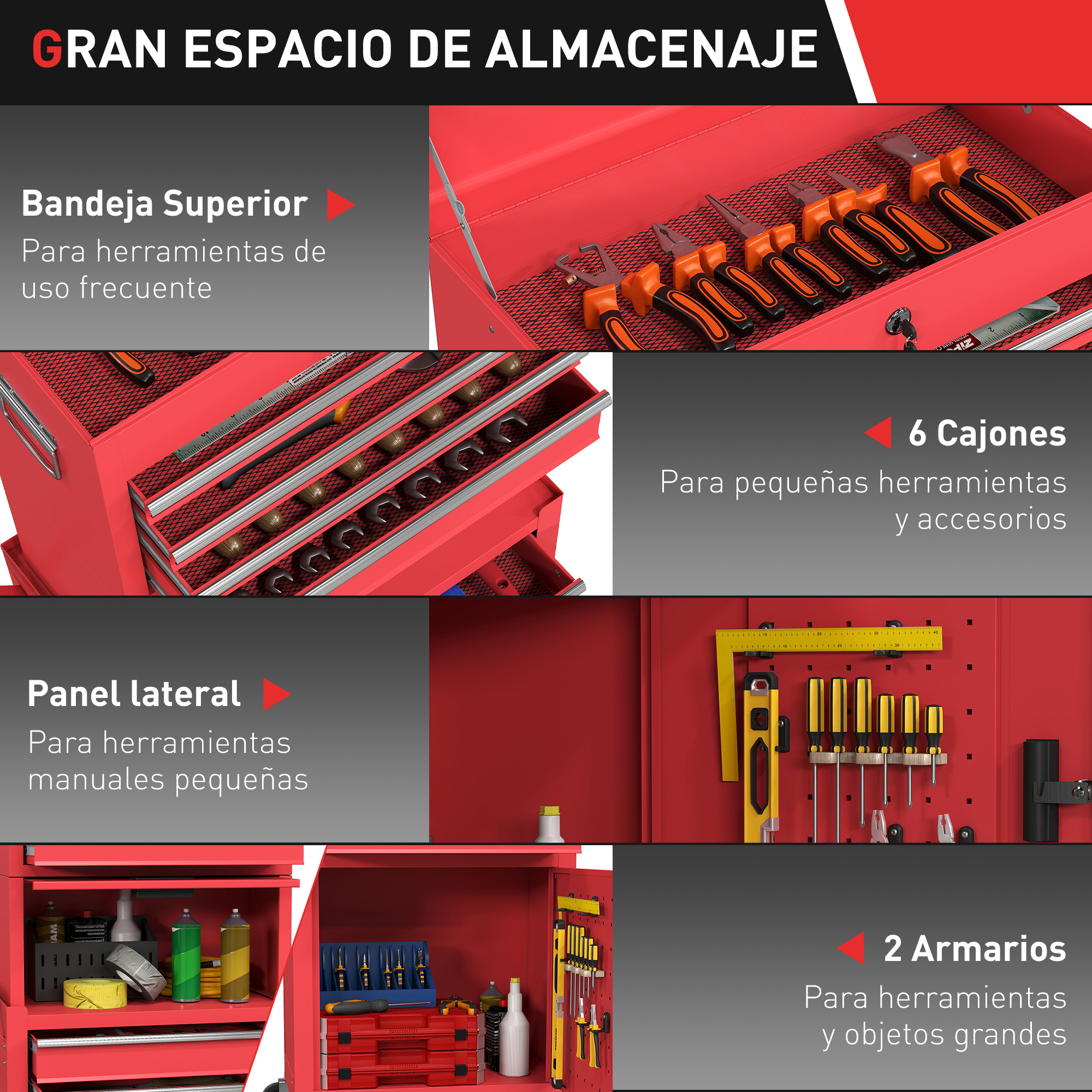Caja de herramientas roja con cajones y herramientas. Incluye alicates, destornilladores y herramientas de medición.
