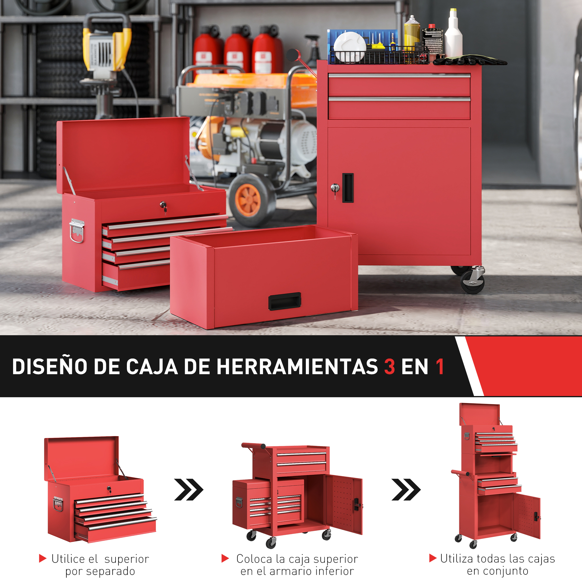 Cajas de herramientas rojas en un taller: separadas, apiladas y como carrito.