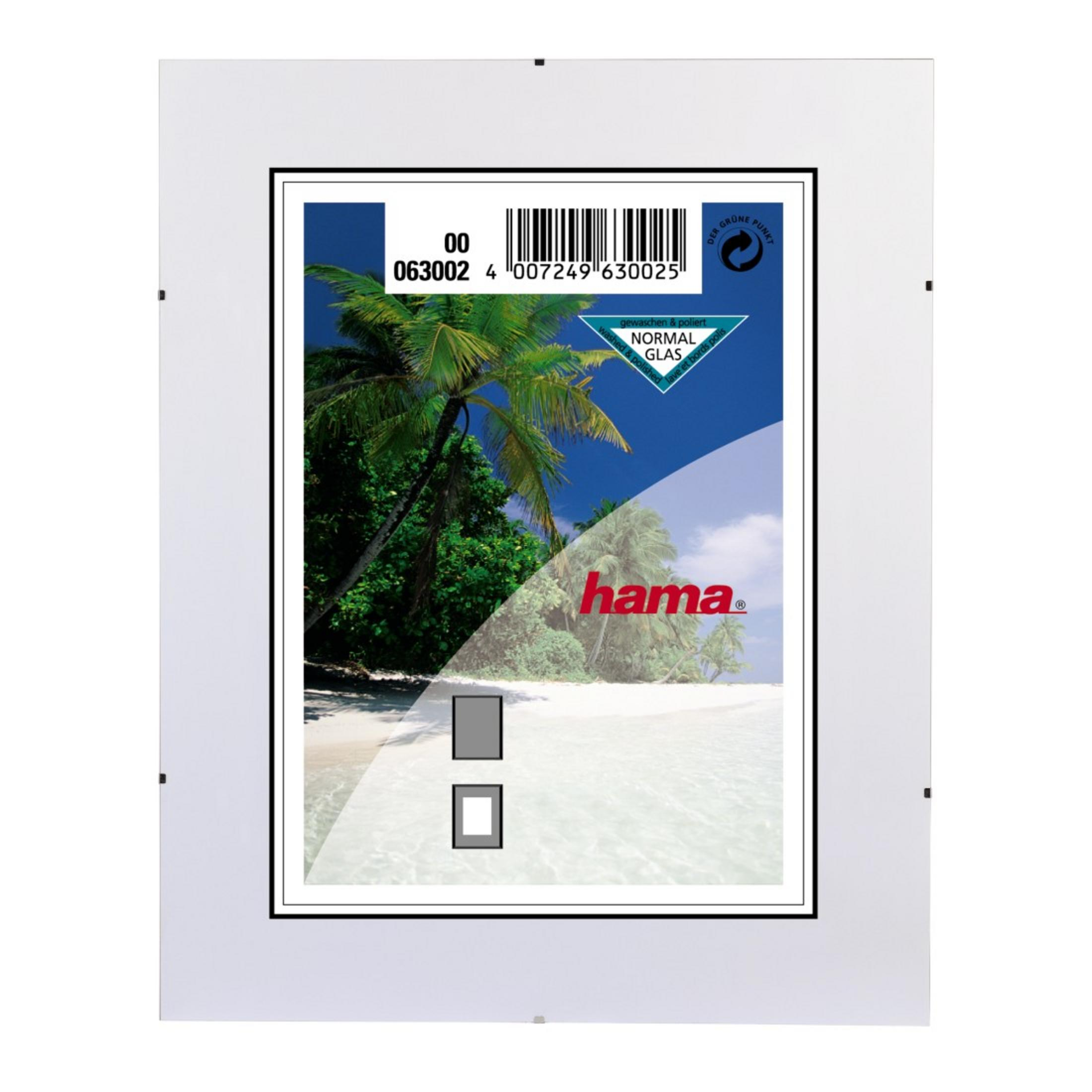 Ein Fotorahmen mit Palmen, Strand und Meer. Hama Logo.
