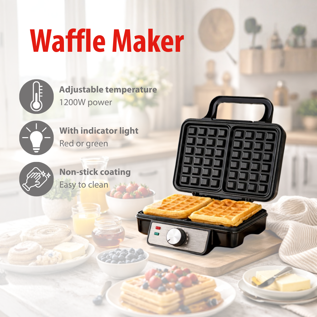 An open waffle maker with two golden waffles, next to fruits and pastries.