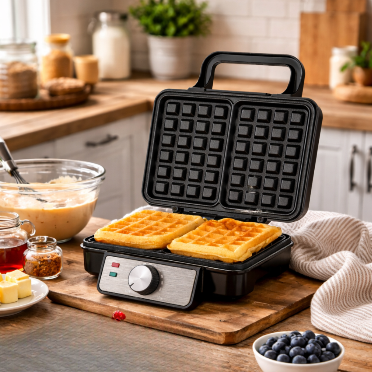 An open waffle maker with two cooked waffles, batter, butter, honey, and blueberries.