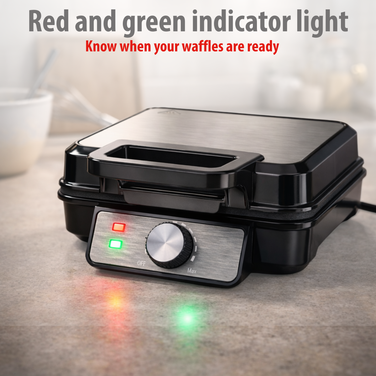 Black waffle maker with red and green indicator lights and a dial.