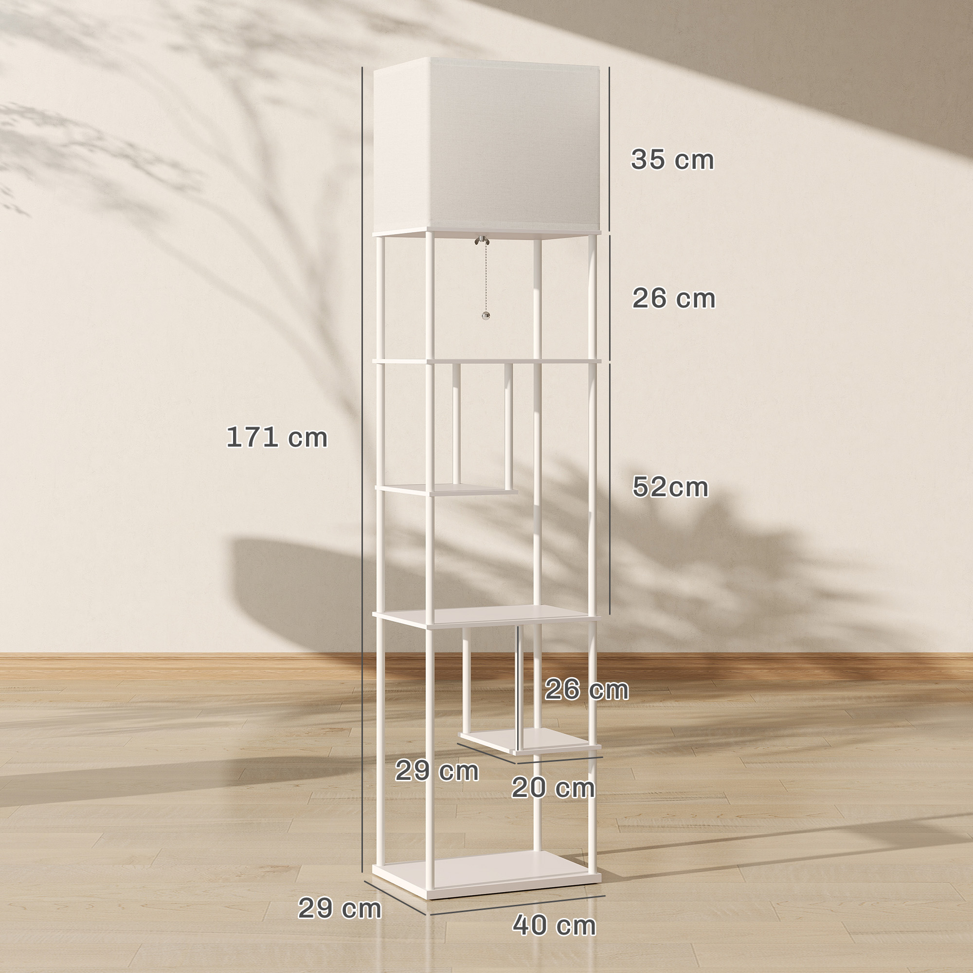 Un estante blanco con una pantalla de lámpara arriba. Se indican las dimensiones.