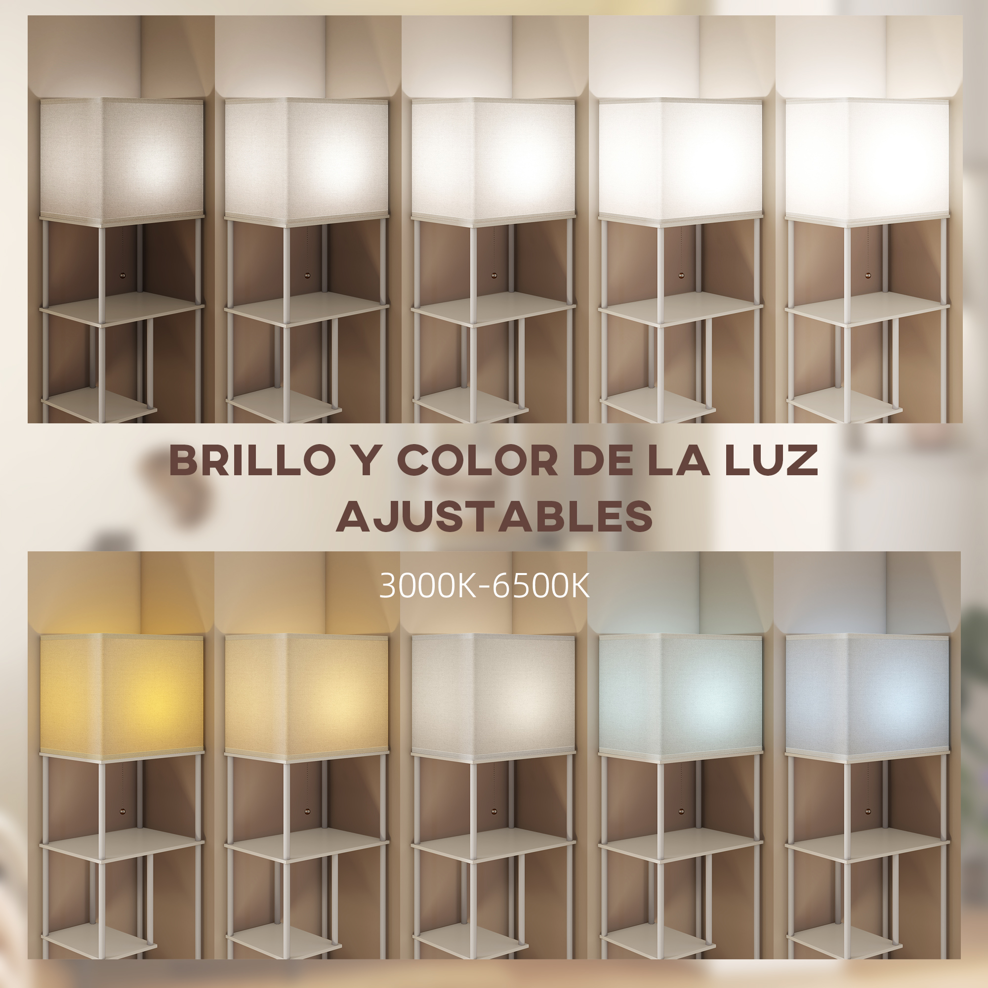 Un estante de esquina que muestra una lámpara con varios tonos de brillo y color.