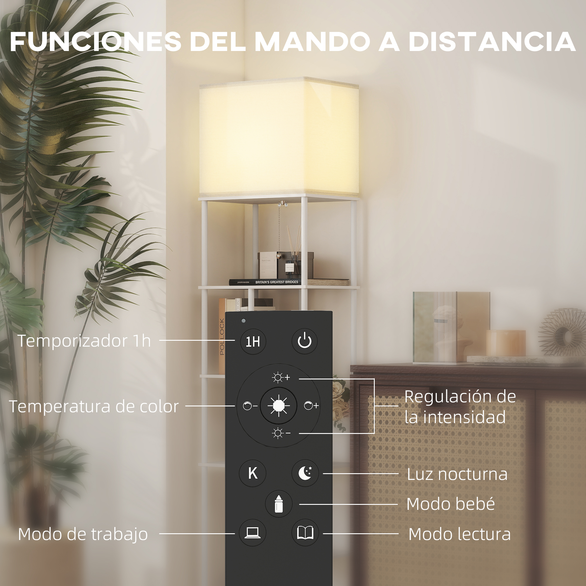 Funciones del mando: Temporizador, Temperatura de color, Modo de trabajo, Regulación.