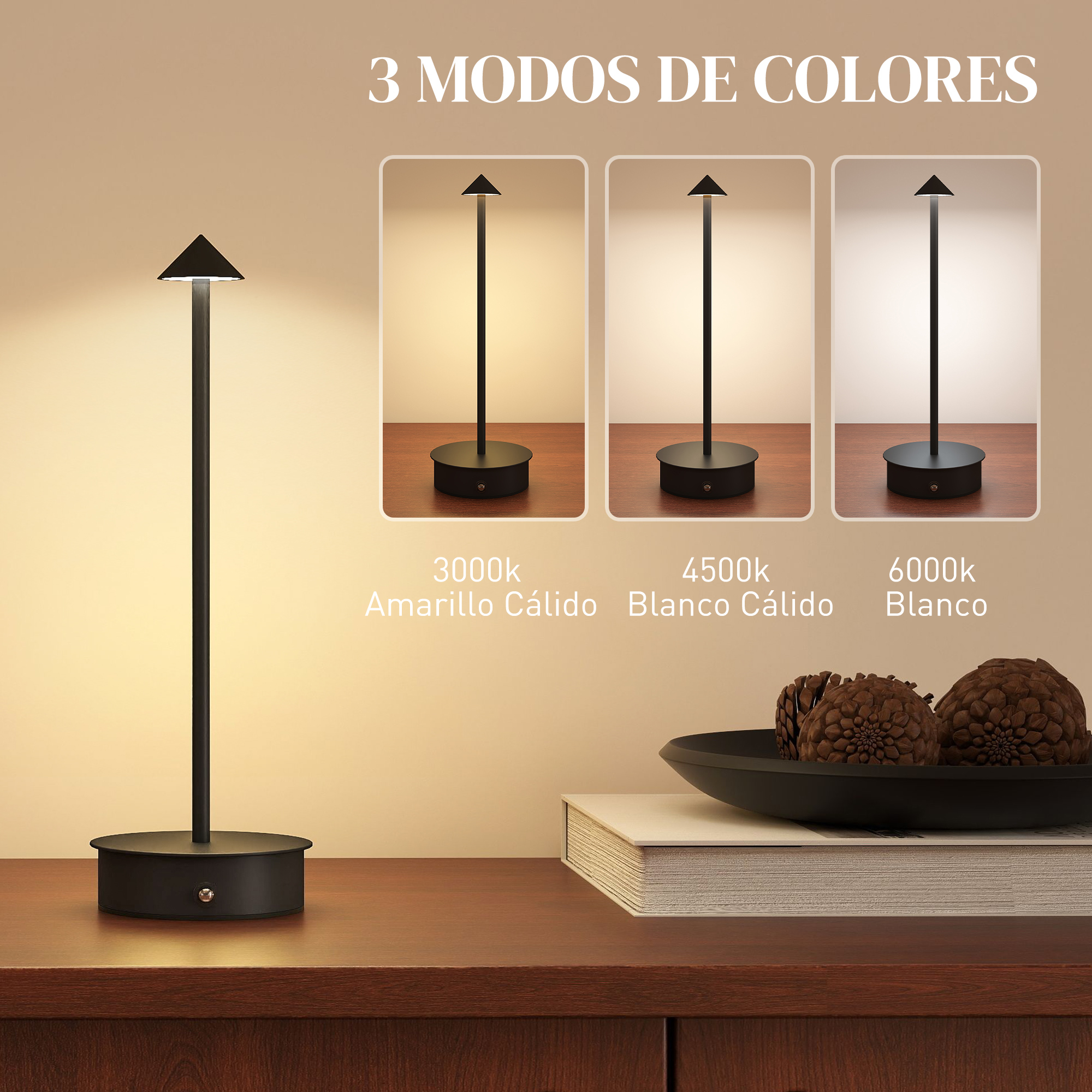 Lámpara negra con pantalla triangular en escritorio de madera, muestra 3 modos.