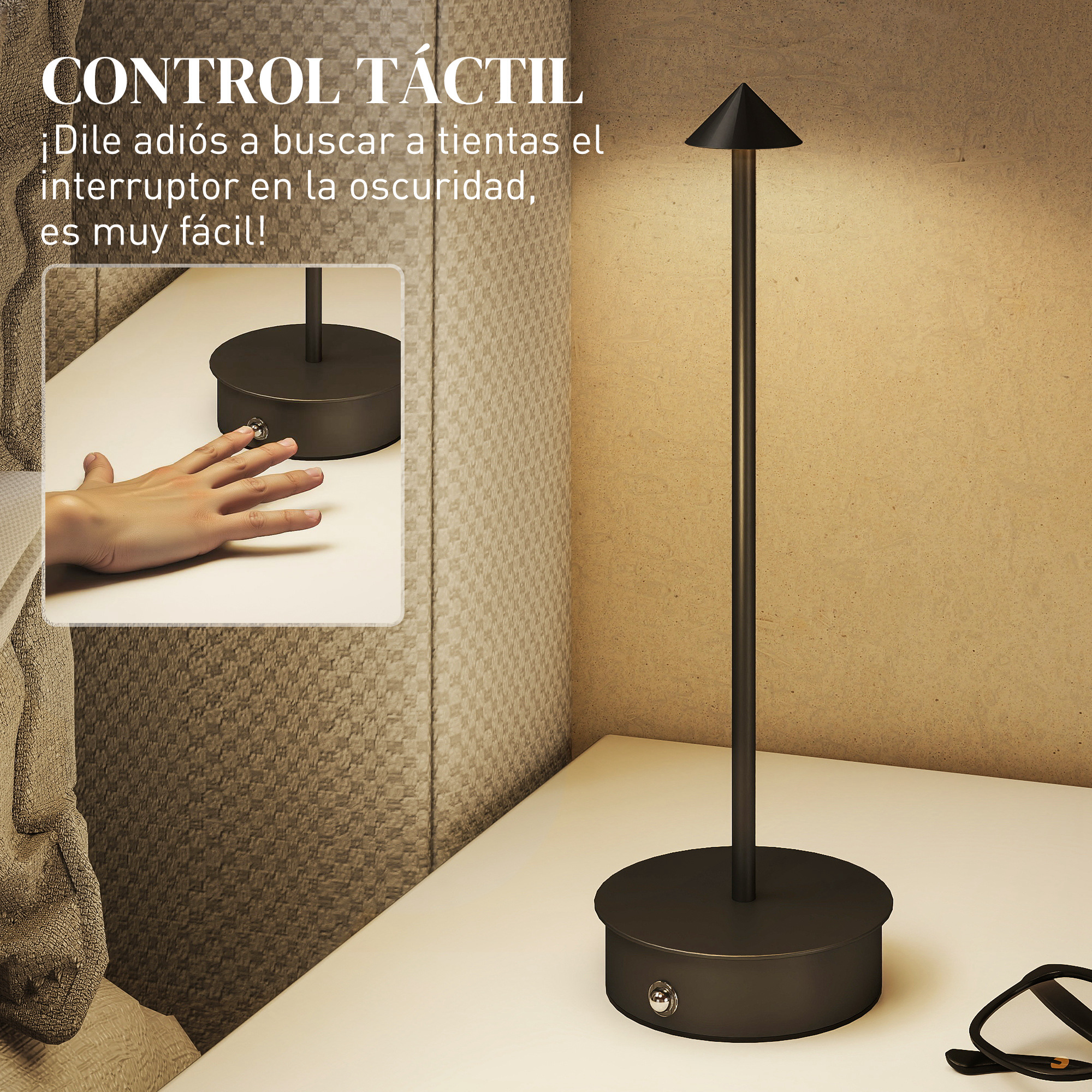Una lámpara de escritorio negra con control táctil y un codo sobre una mesa.