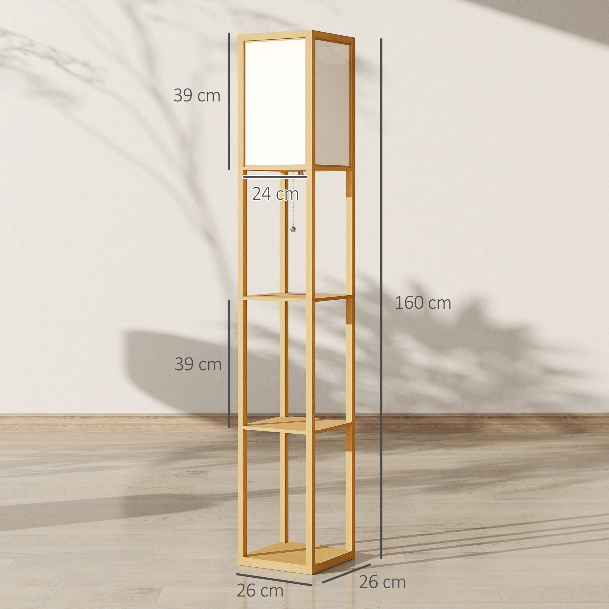 Estantería de lámpara de pie de madera con pantallas blancas y dimensiones.