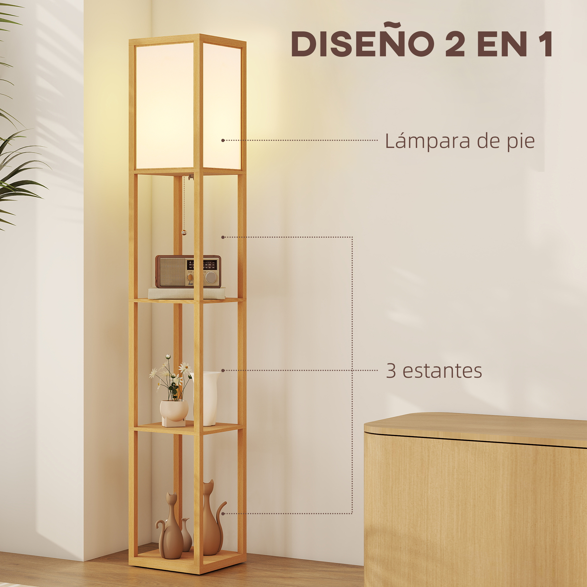 Un soporte de lámpara de pie de madera con estantes, iluminado, con radio y decor.