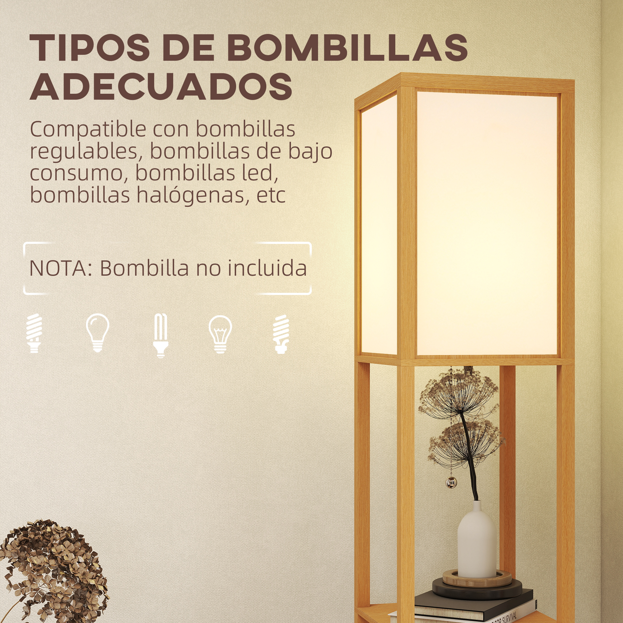 Un soporte de lámpara de madera con texto sobre tipos de bombillas e íconos.