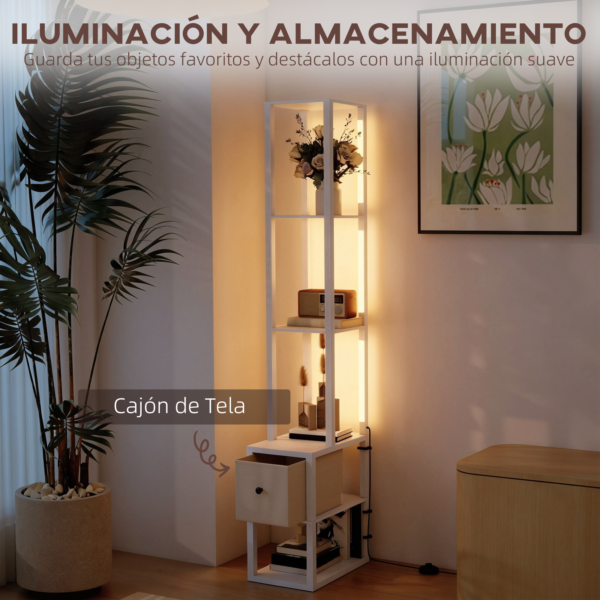 Un estante blanco con iluminación, flores, radio, libros y cajón de tela.