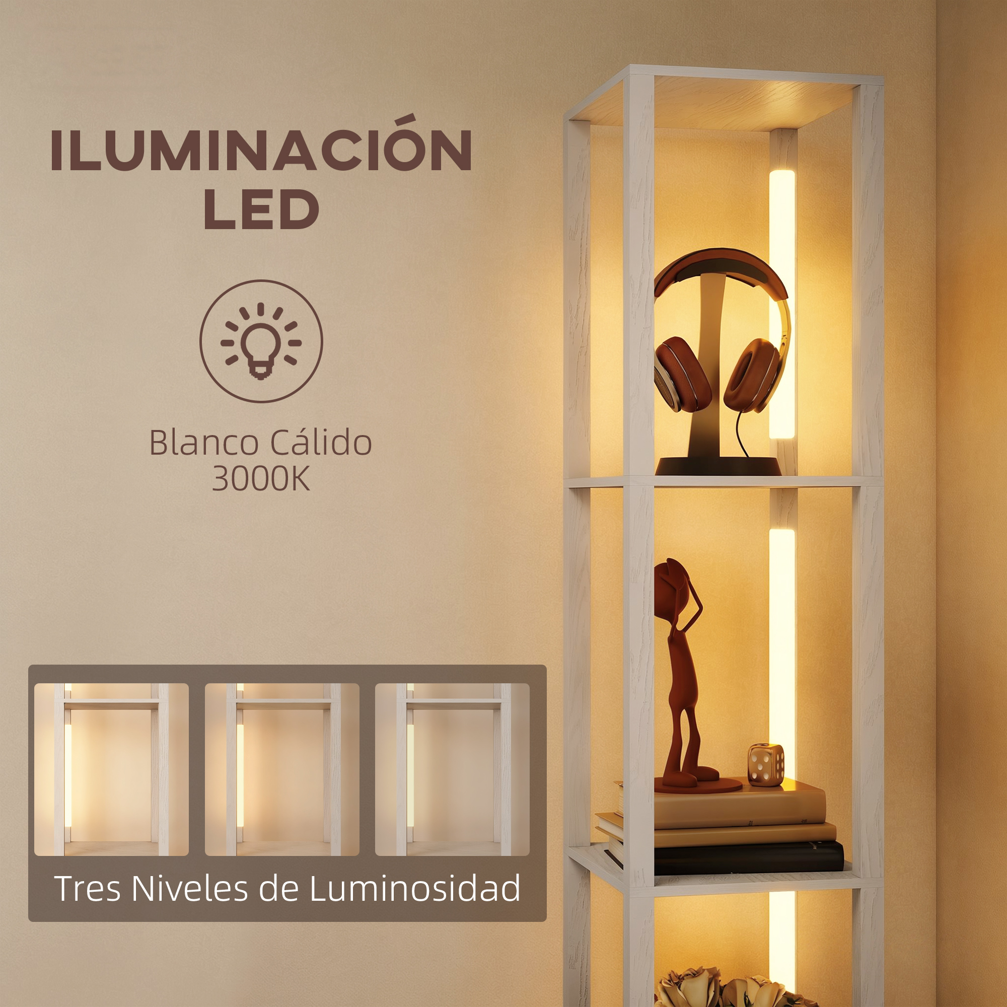 Un estante con auriculares, una figura y libros, iluminado por tiras LED.