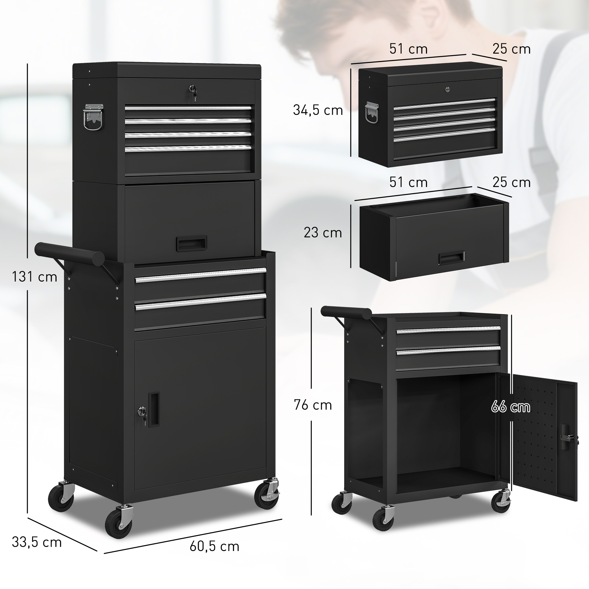 Caja de herramientas negra con cajones y ruedas, se muestran las dimensiones.