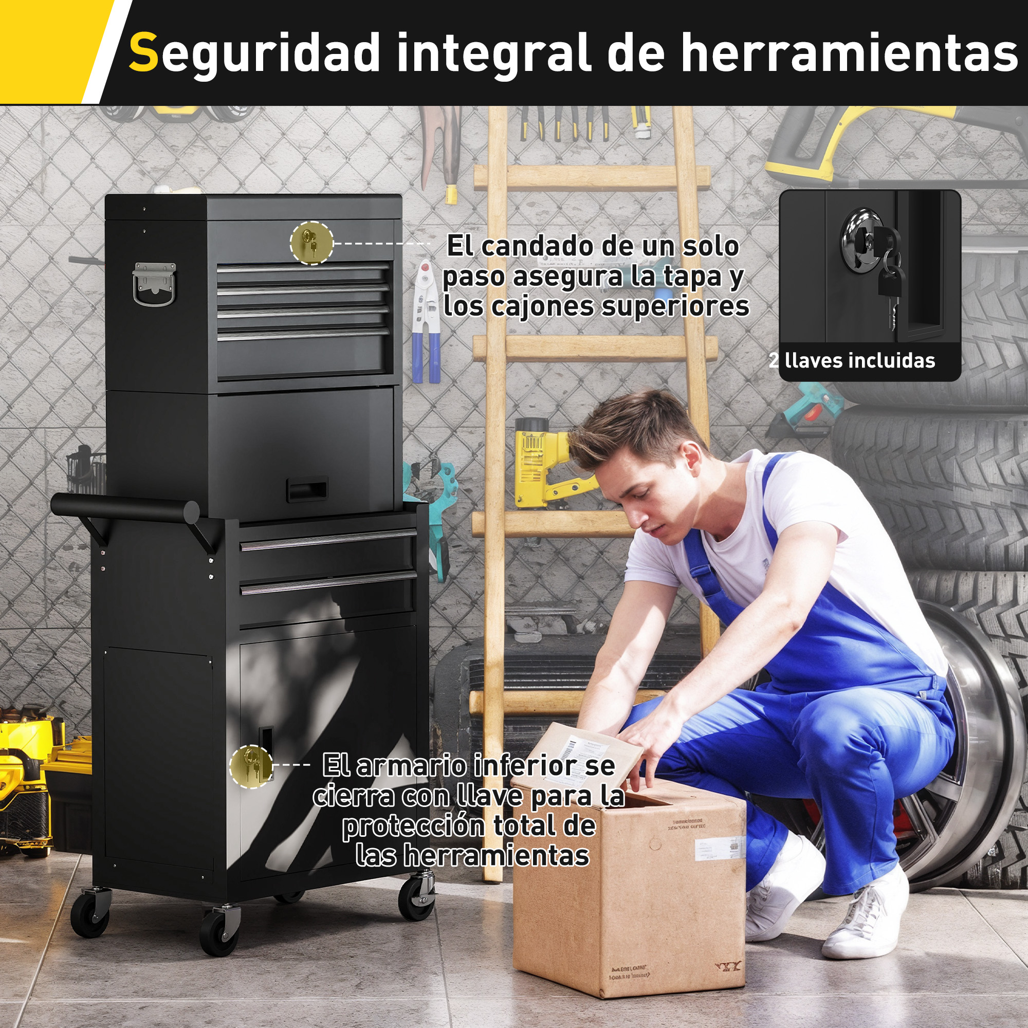 Hombre con mono azul organizando herramientas en un armario negro con ruedas.