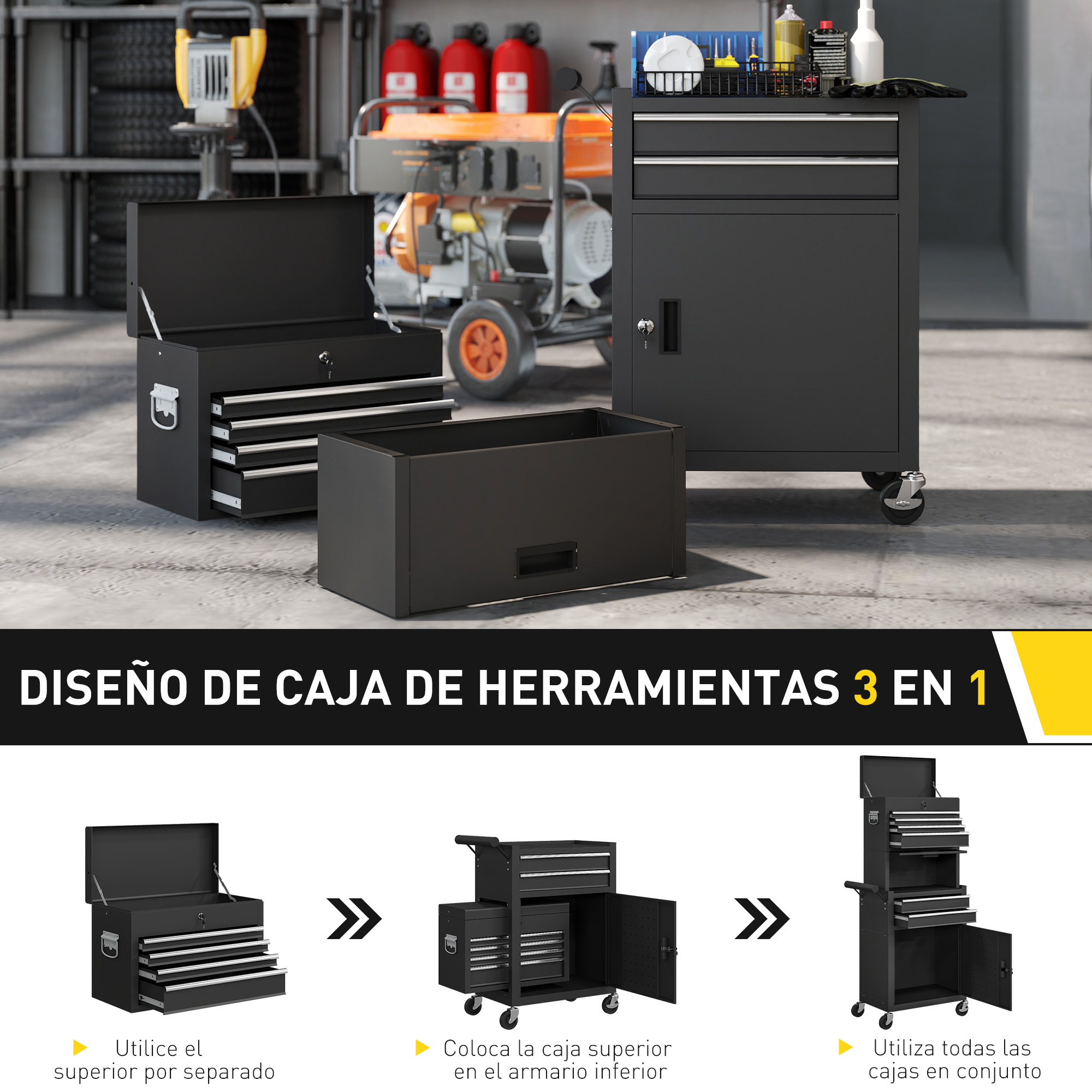 Diseño de caja de herramientas 3 en 1: separada, combinada o apilada.
