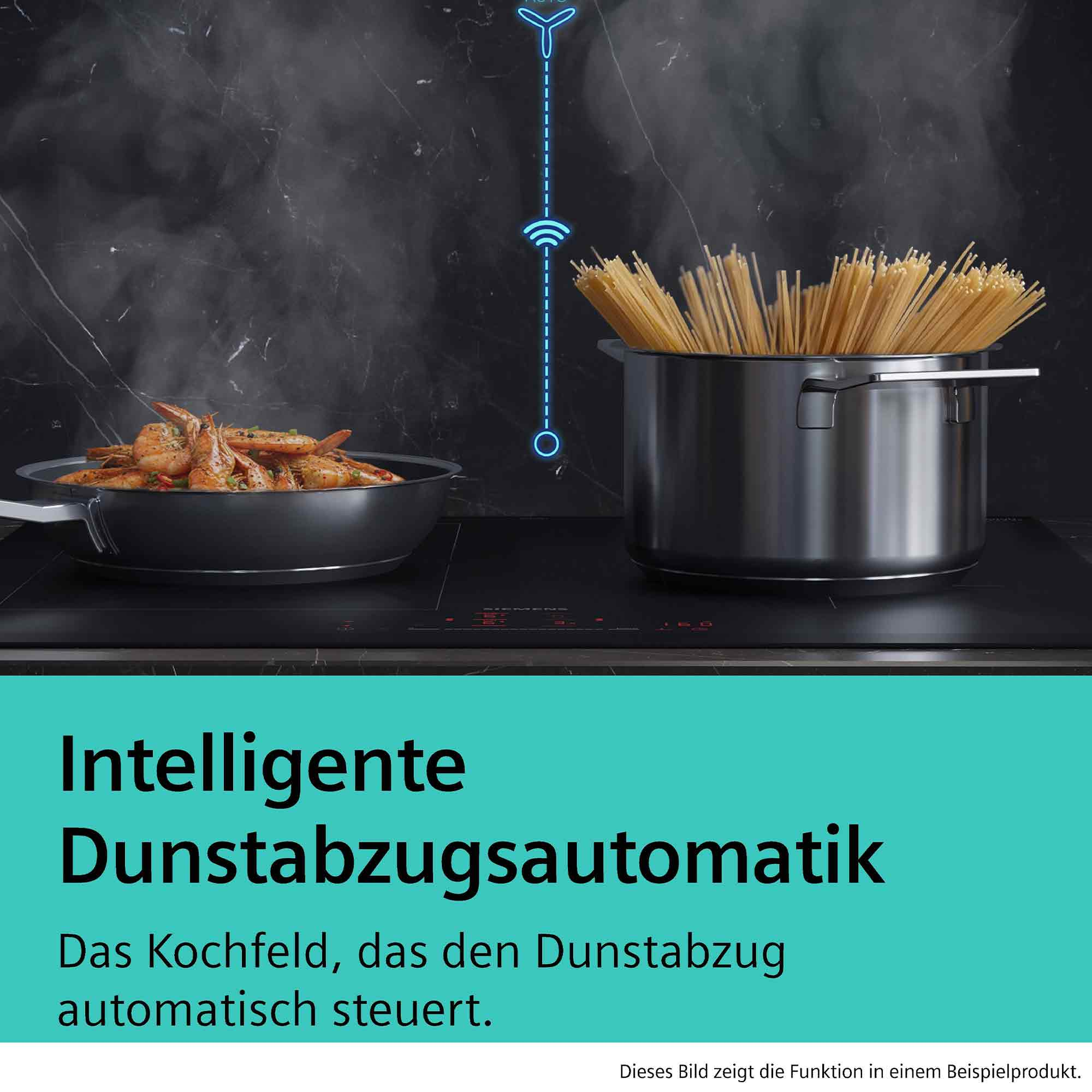 Ein Kochfeld mit zwei Töpfen: links Garnelen, rechts Nudeln. Blaue Linien verbinden sie.