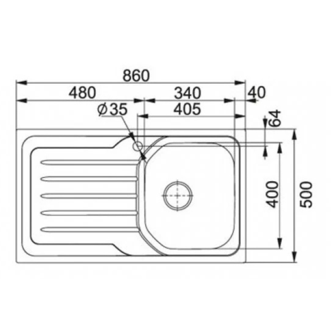 Disegno tecnico di un lavello con dimensioni in mm.