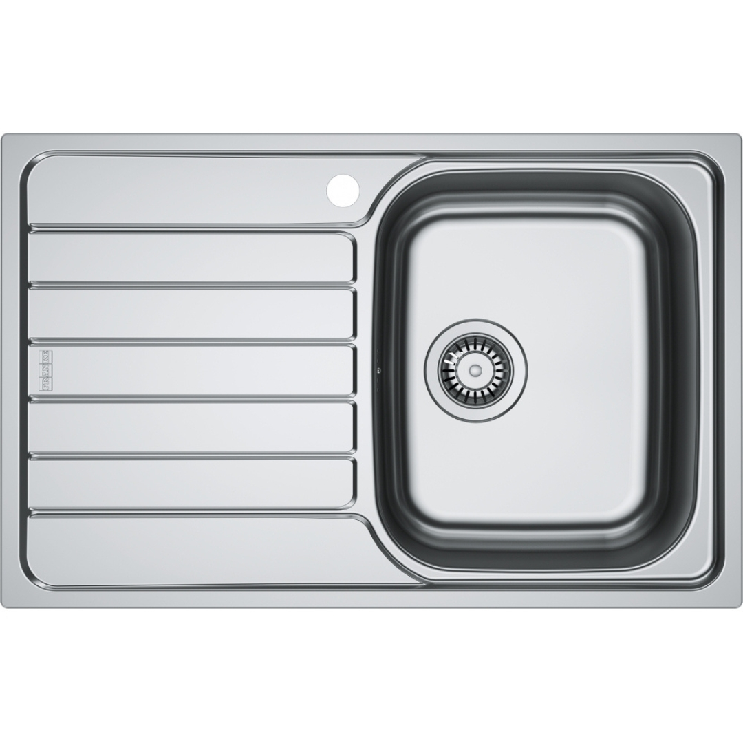 Lavello in acciaio inox con scivolo, una vasca e foro per rubinetto.