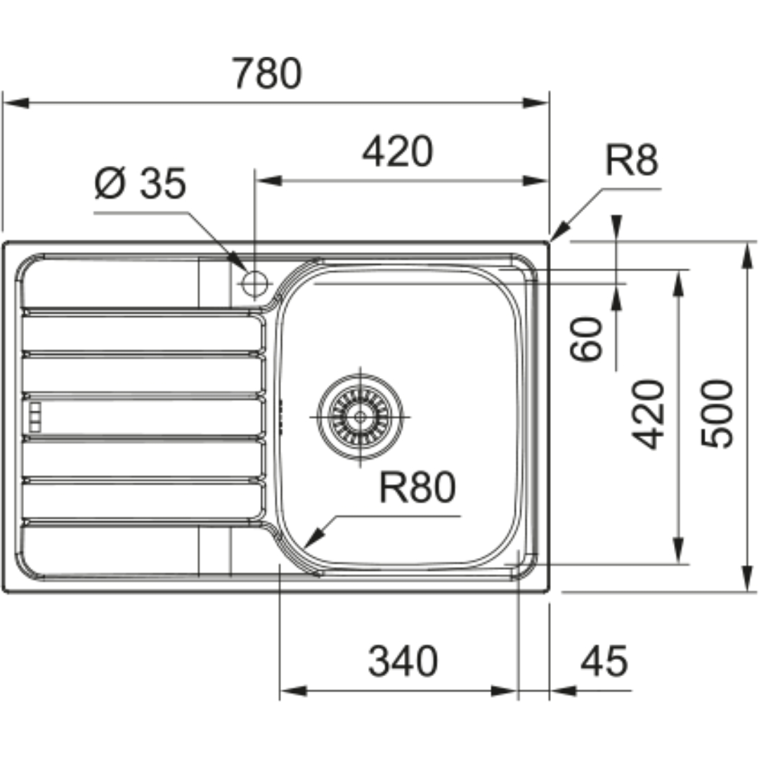 Disegno tecnico di un lavello con dimensioni e raggi.