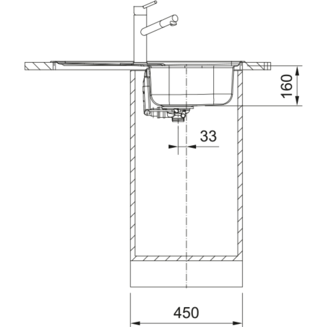 Disegno tecnico di un lavello con rubinetto, dimensioni 160, 33, 450.
