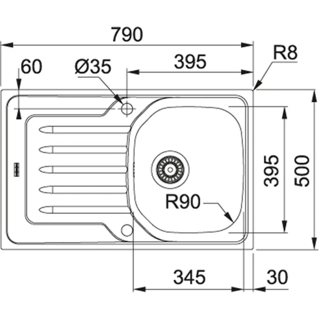 Disegno tecnico di un lavello con dimensioni e raggi.