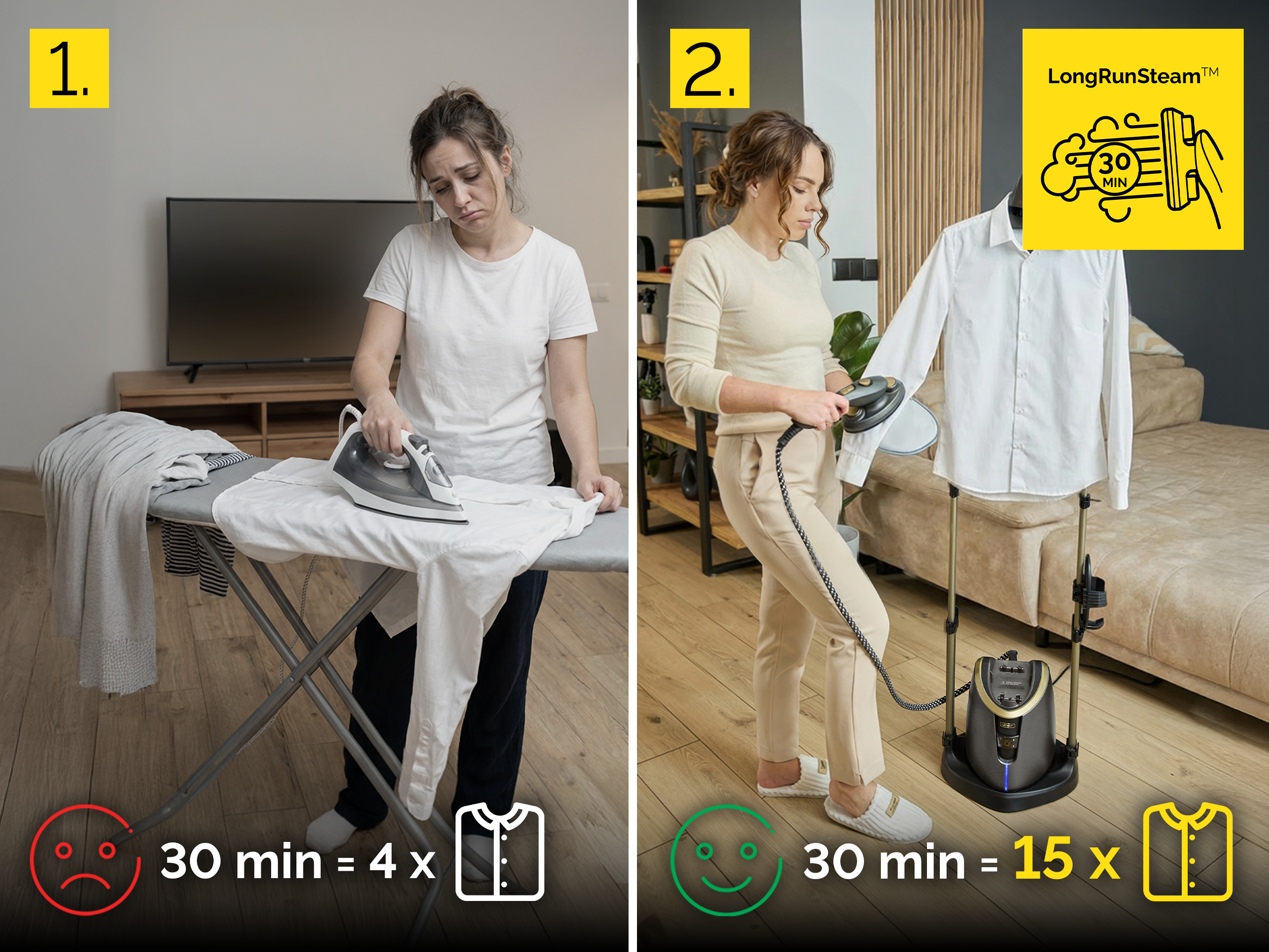 Kobieta prasuje ubrania żelazkiem, druga paruje koszulę.