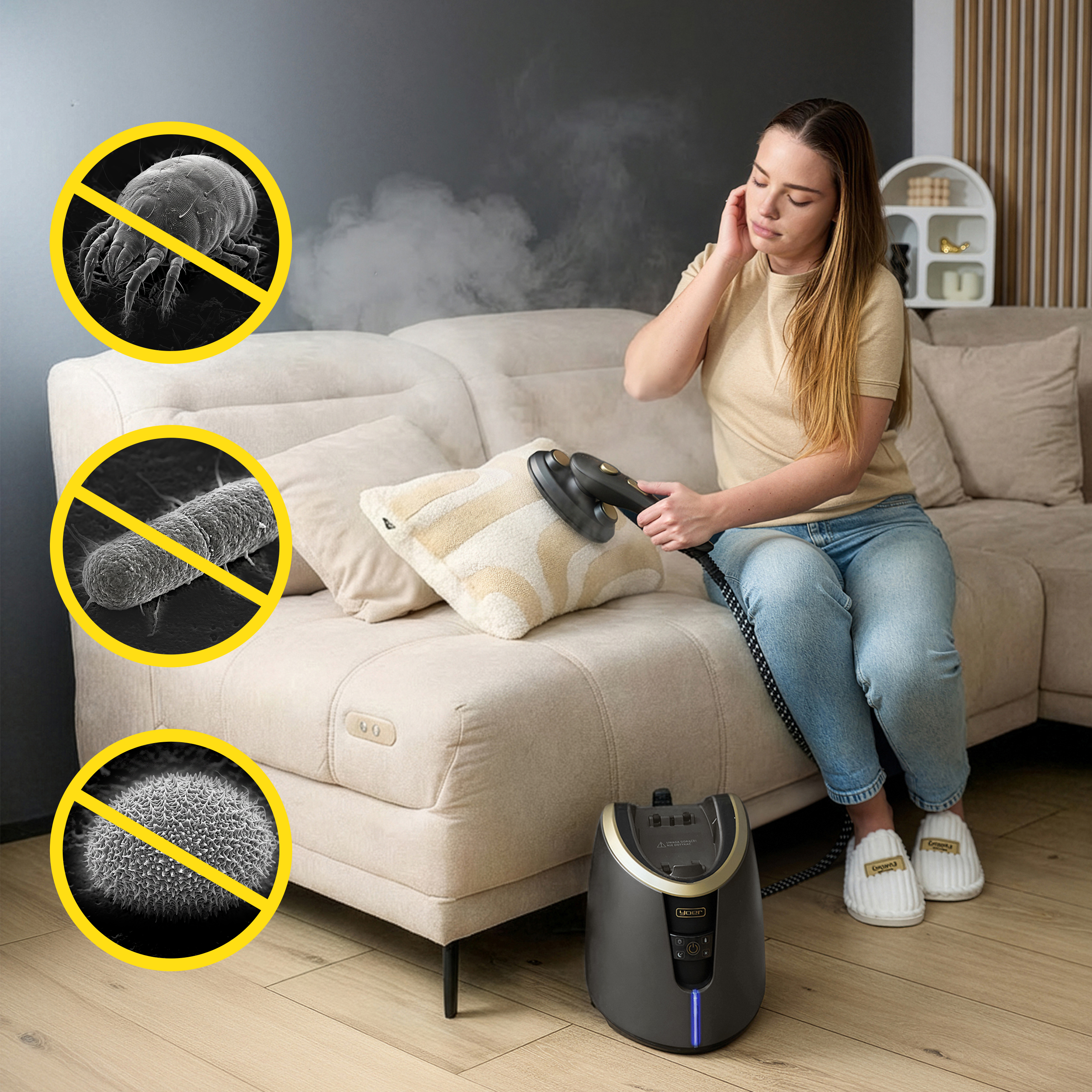 Kobieta paruje poduszkę na kanapie z przekreślonymi ikonami roztoczy i bakterii.