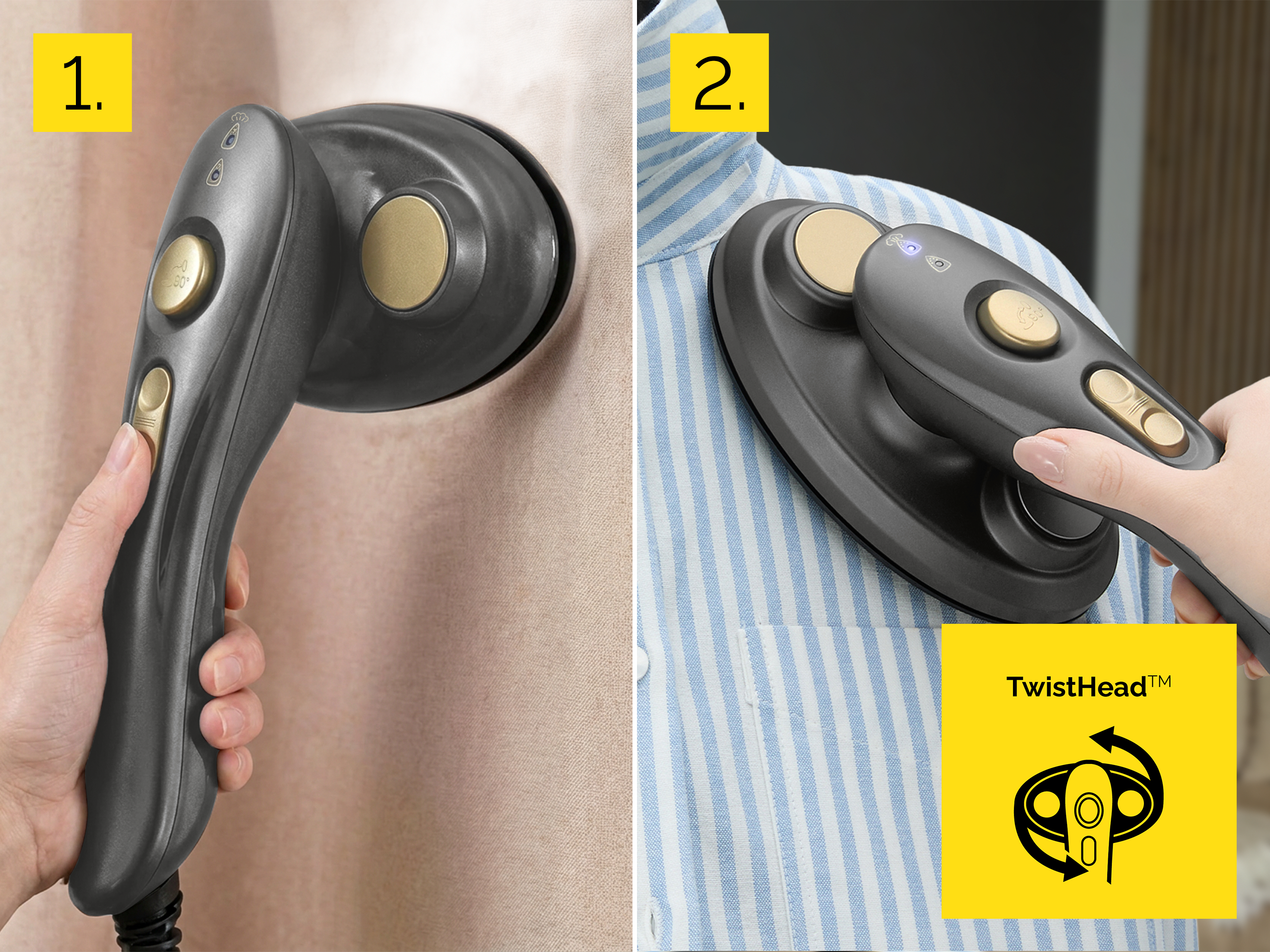 Dwa ujęcia: ręczne prasowanie parowe beżowej tkaniny i pasiastą koszulę. Zbliżenie żelazka.