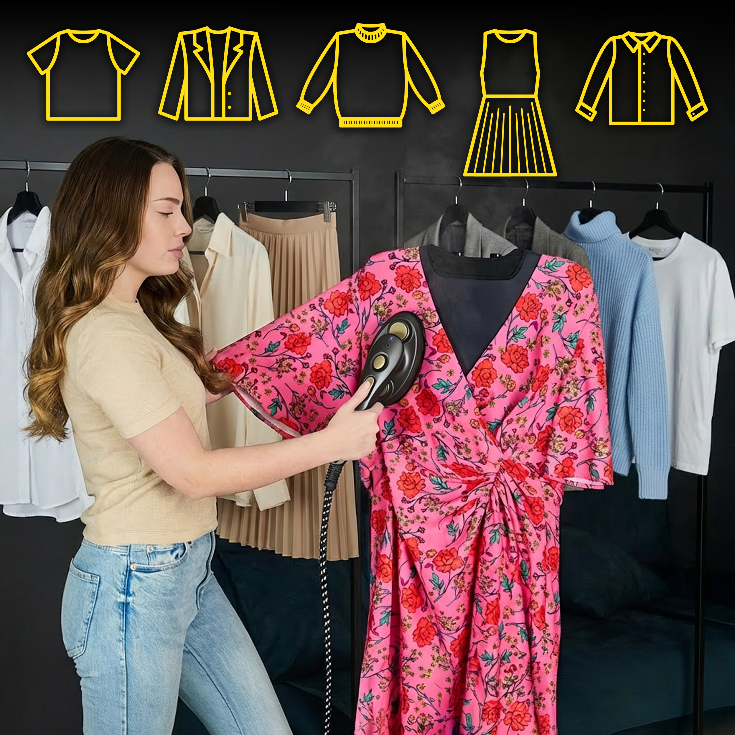 Kobieta prasuje różową sukienkę w kwiaty ręcznym parowcem przed wieszakami.