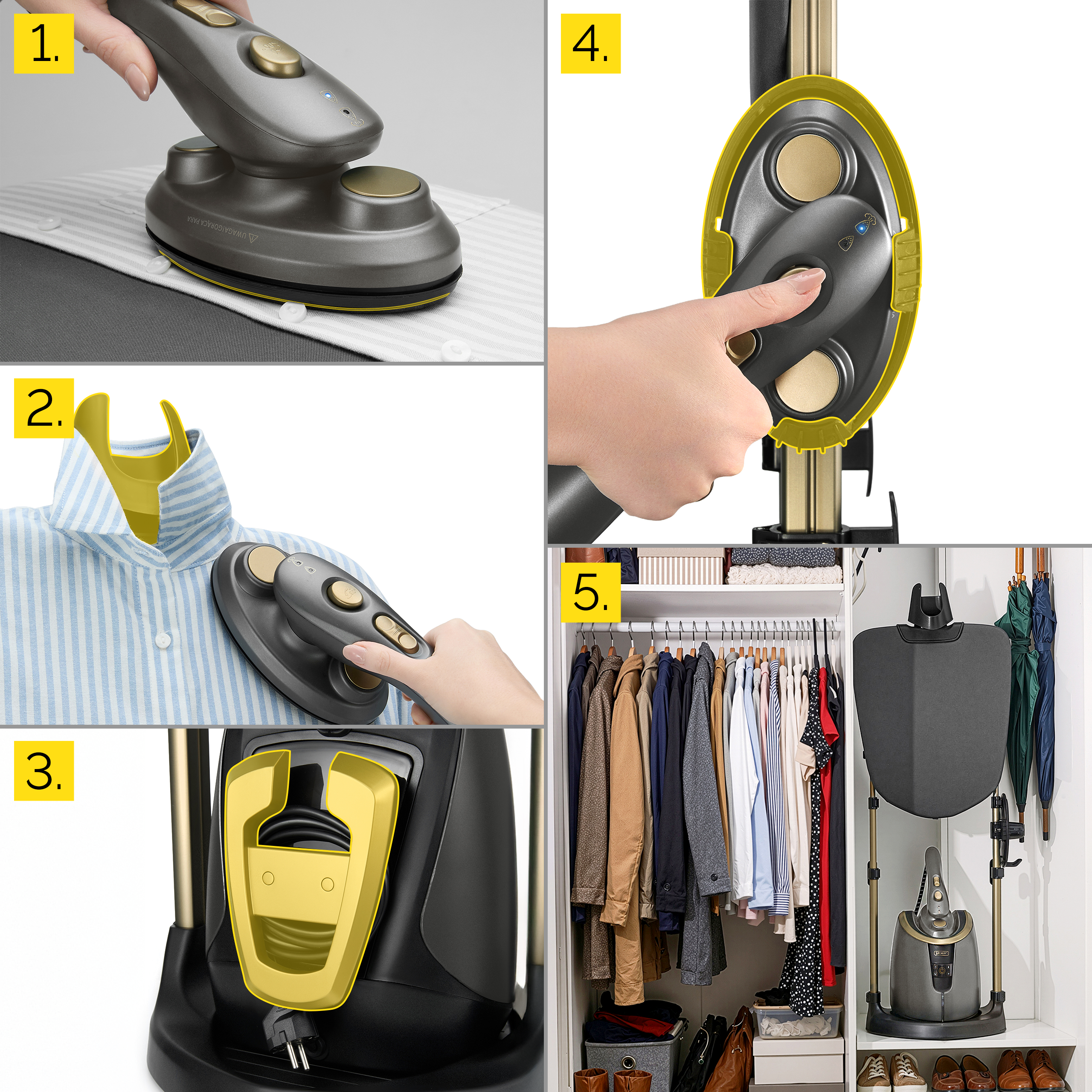 Żelazko parowe używane na kołnierzu koszuli. Szafa z ubraniami i deską do prasowania.