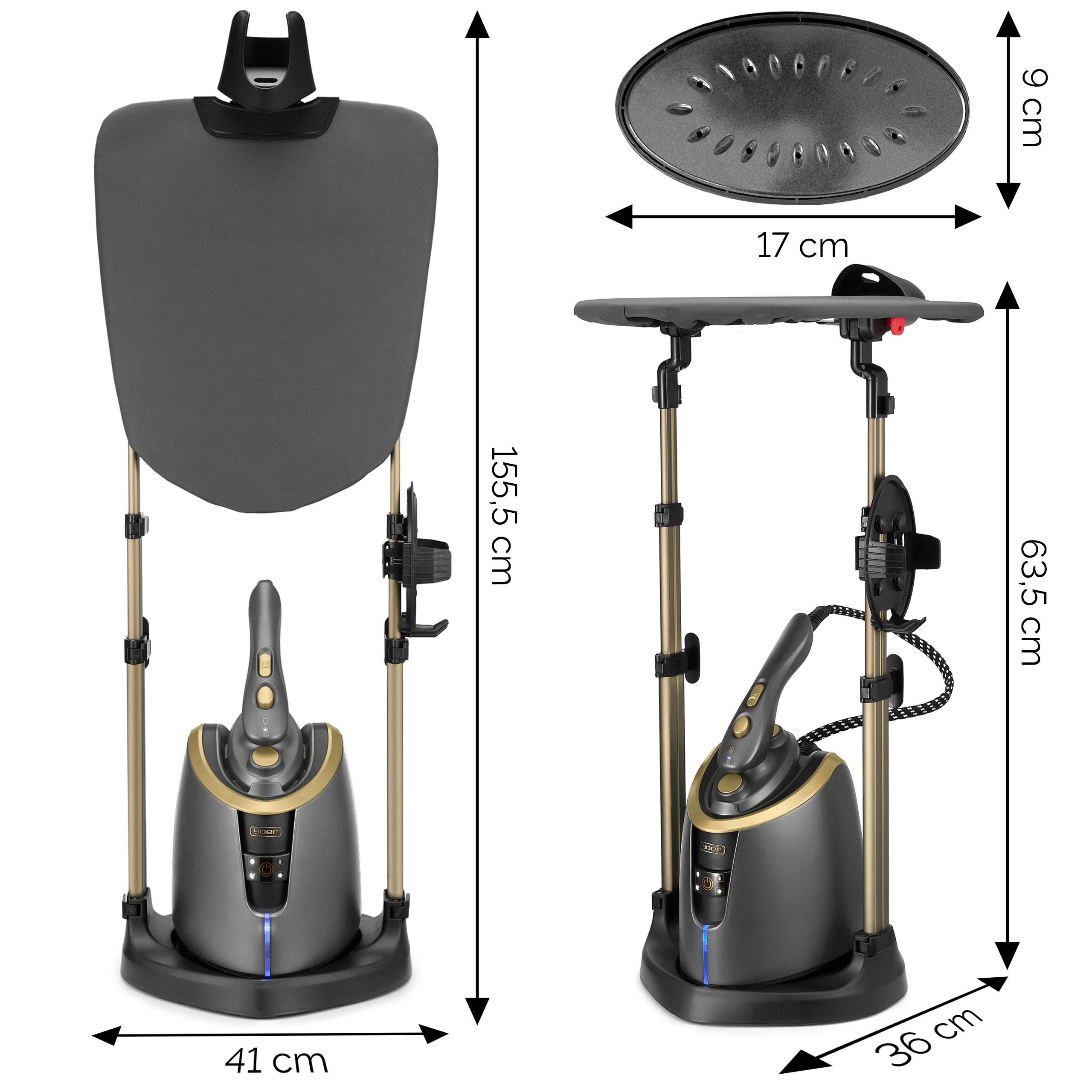 Parownica do ubrań z akcesoriami i wymiarami na białym tle.