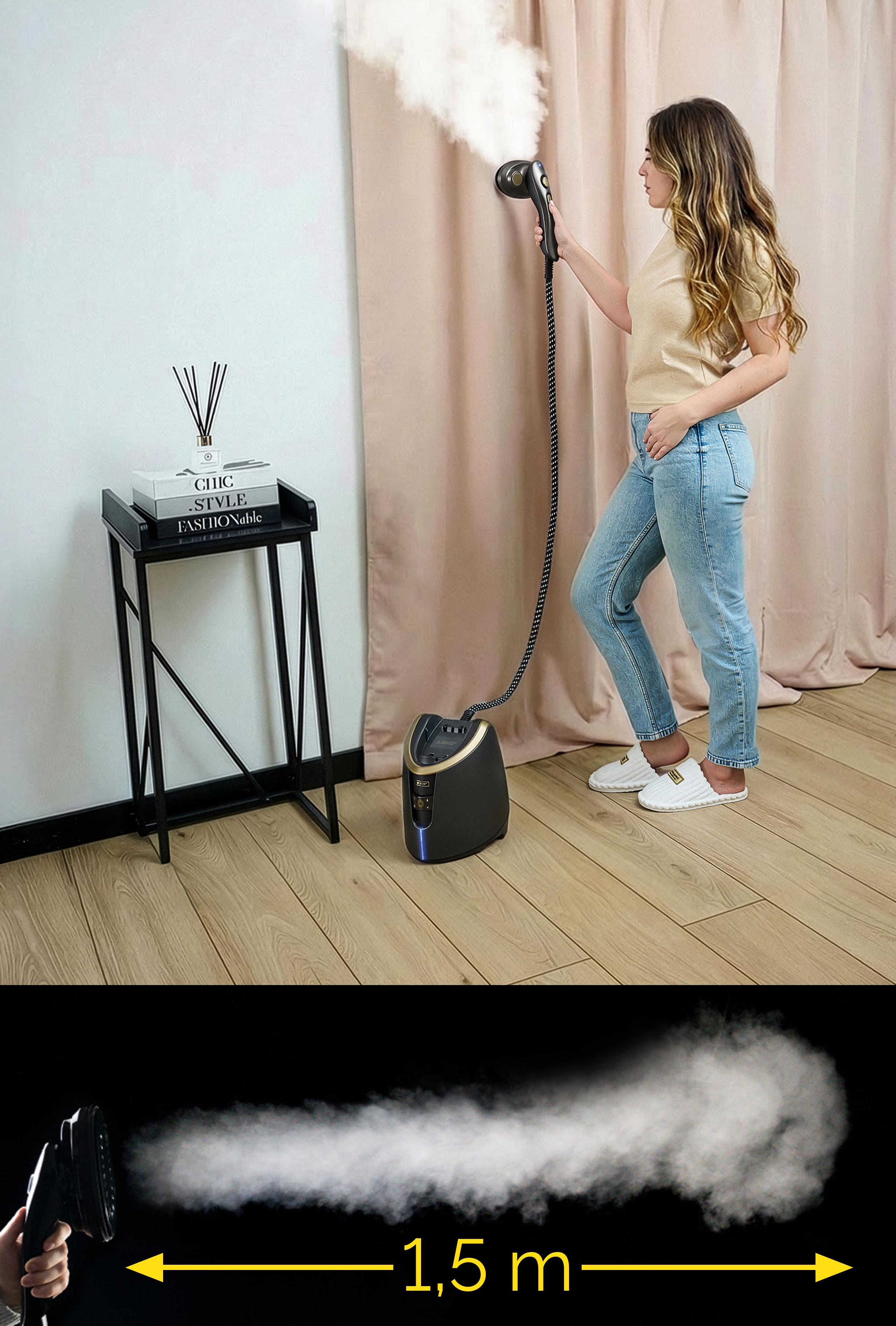 Kobieta prasuje zasłonę parownicą, obok stojak z książkami.