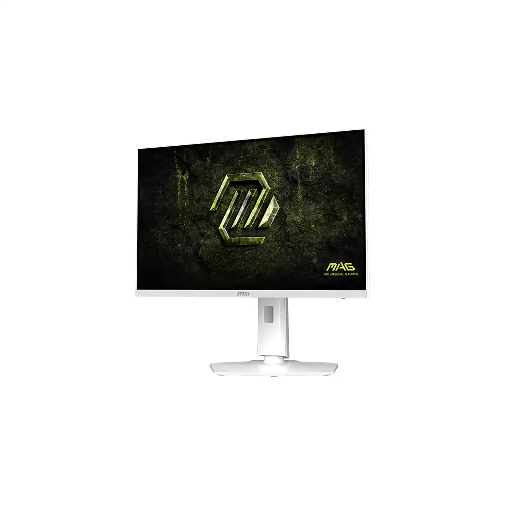 Ekranında yeşil ve siyah soyut logo bulunan beyaz bir MSI oyuncu monitörü.