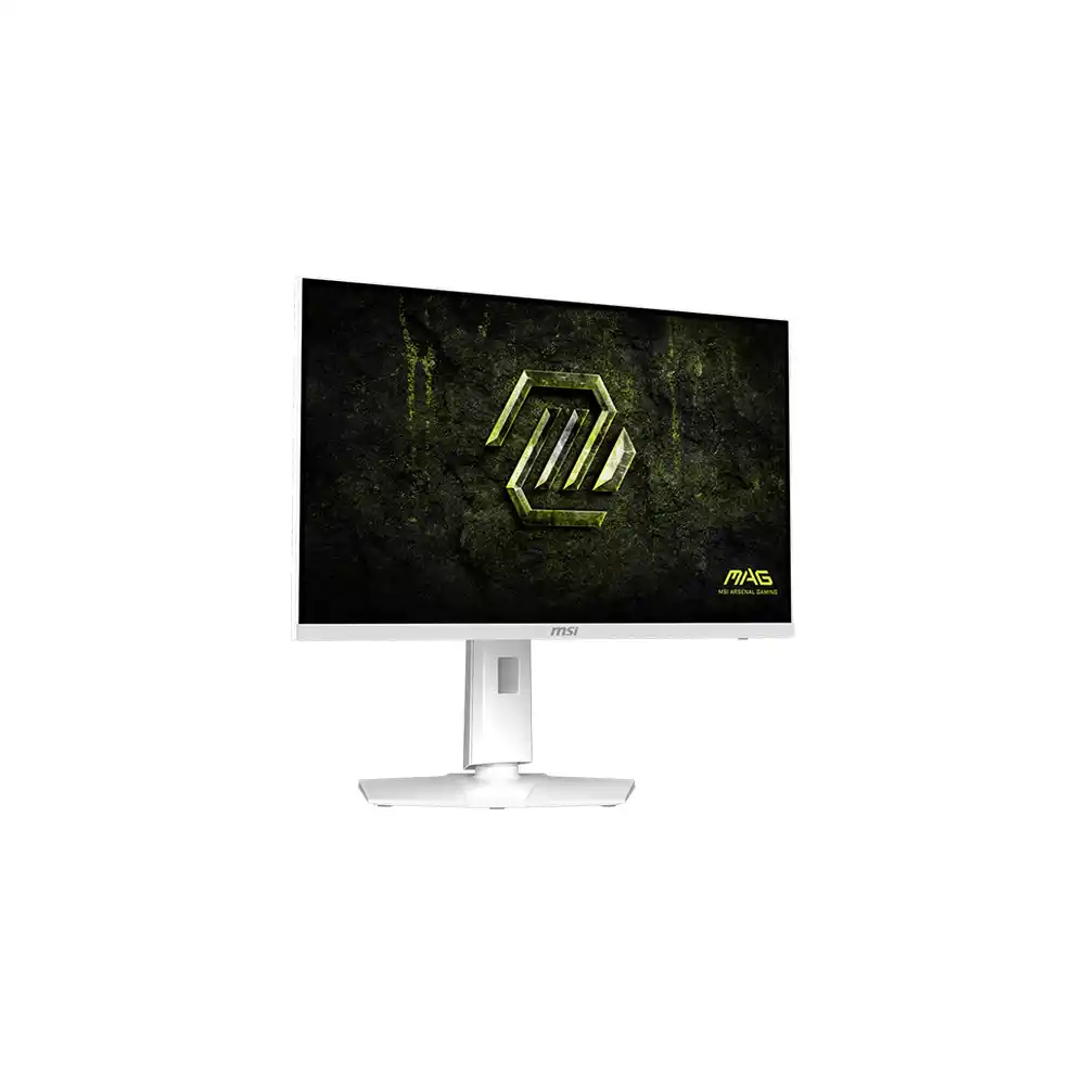 Beyaz bir monitör ekranında MSI logosu ve yeşil bir amblem gösterir.