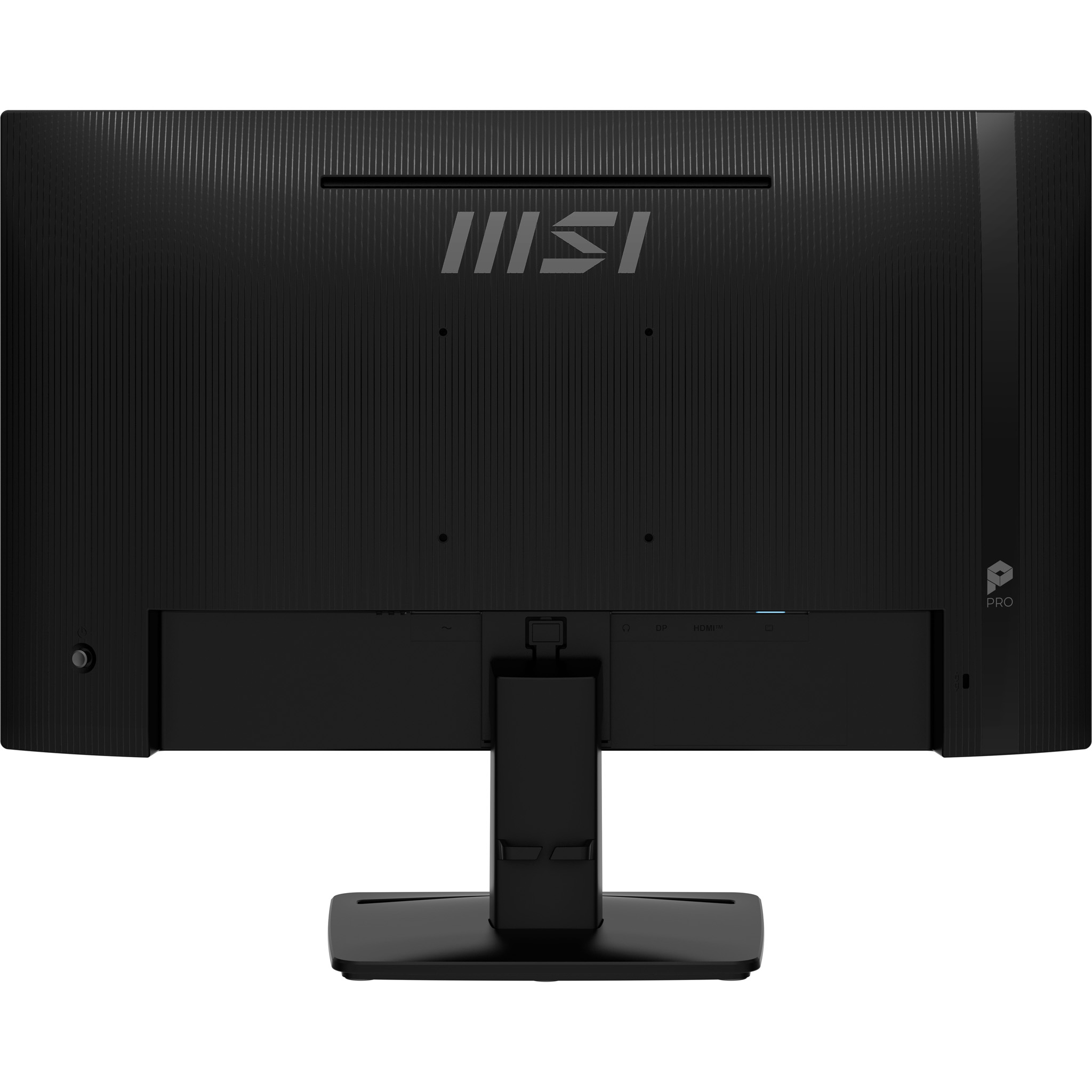 Tył czarnego monitora MSI z prążkowaną teksturą, portami i podstawką.
