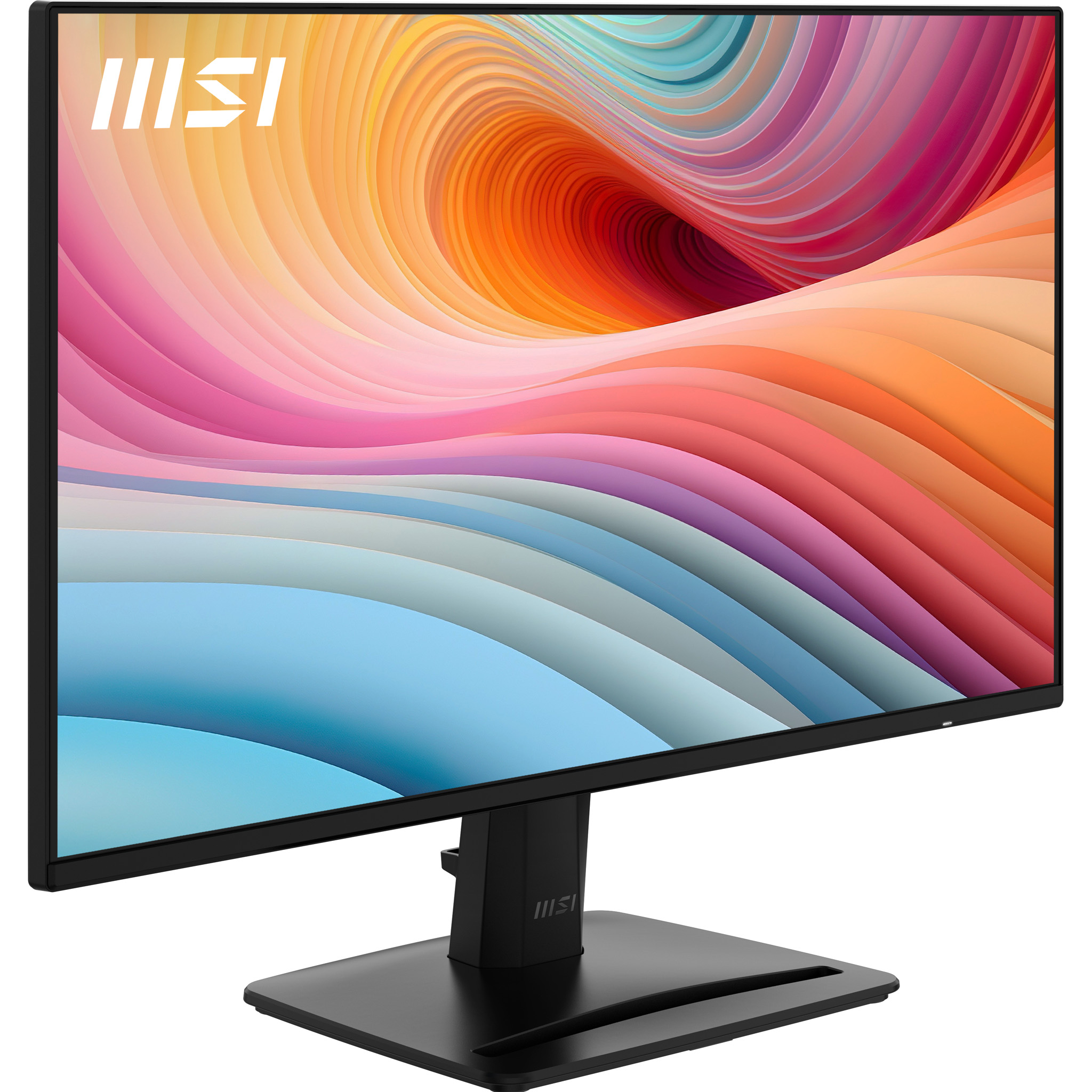 Monitor MSI wyświetlający kolorowy, abstrakcyjny wzór fal z czarną podstawą.