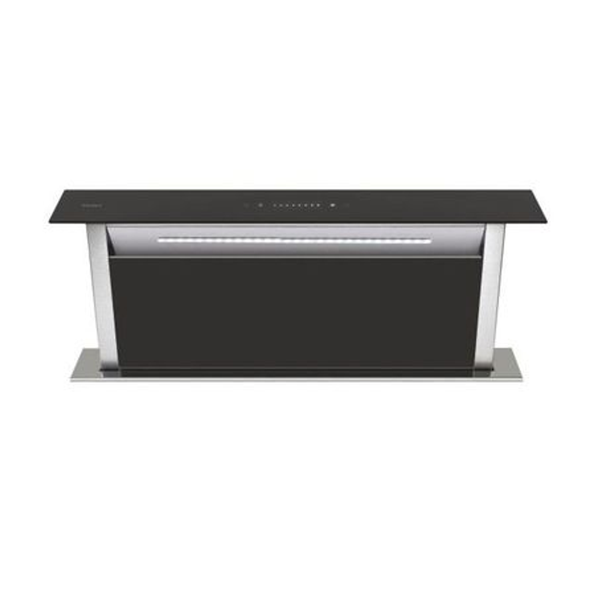 Moderna campana extractora negra con techo de cristal y luz LED.