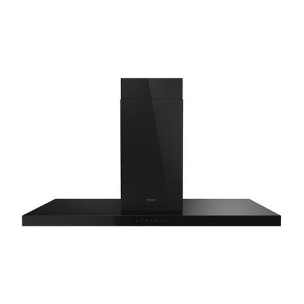 Una campana extractora negra con chimenea rectangular sobre una base plana.
