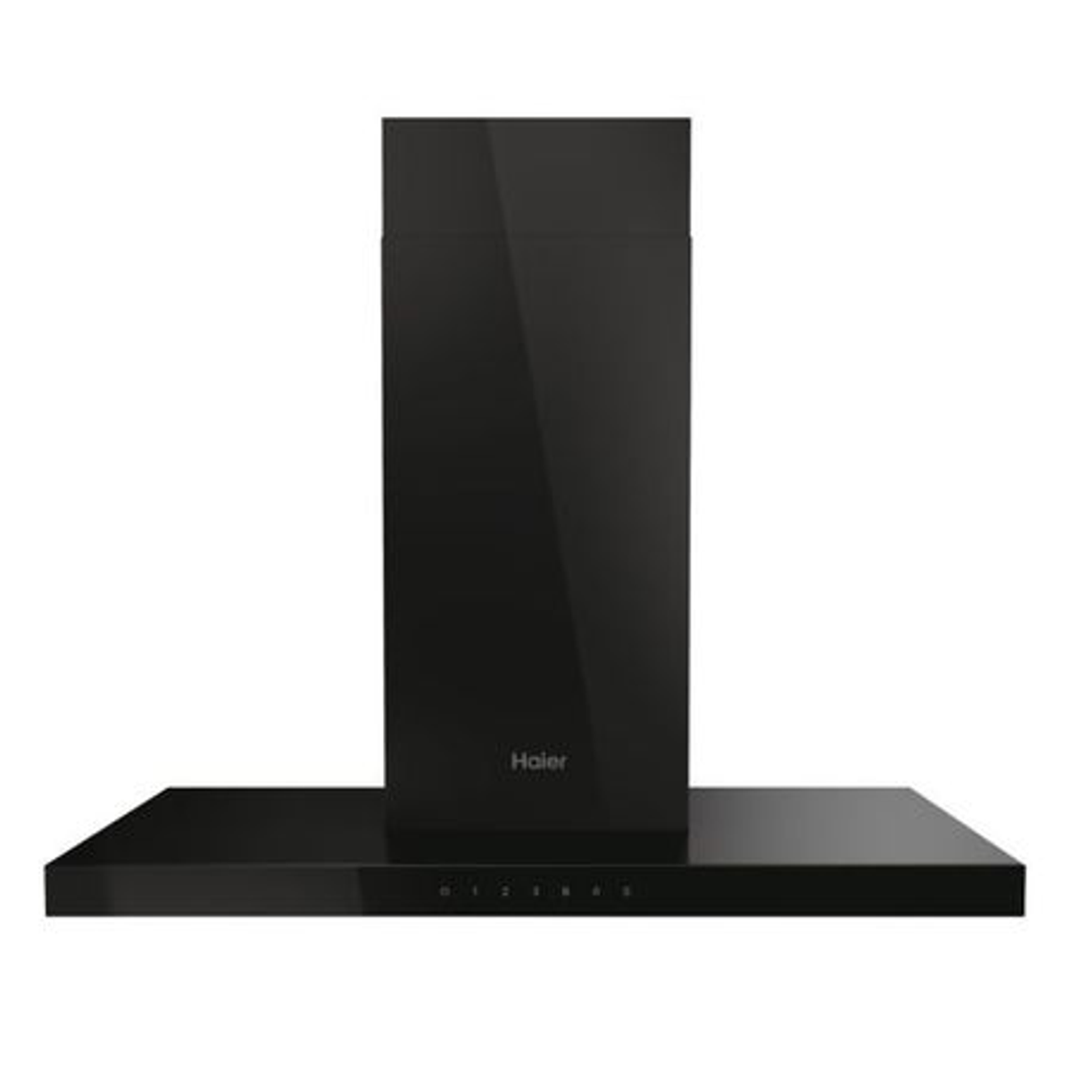 Campana extractora Haier negra con chimenea rectangular y panel táctil.