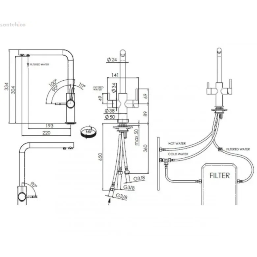 Disegno tecnico di un rubinetto con dimensioni e connessioni per acqua calda, fredda e filtrata.