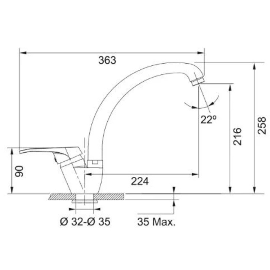 Disegno tecnico di un rubinetto con dimensioni. Il beccuccio si inarca su una base con leva.