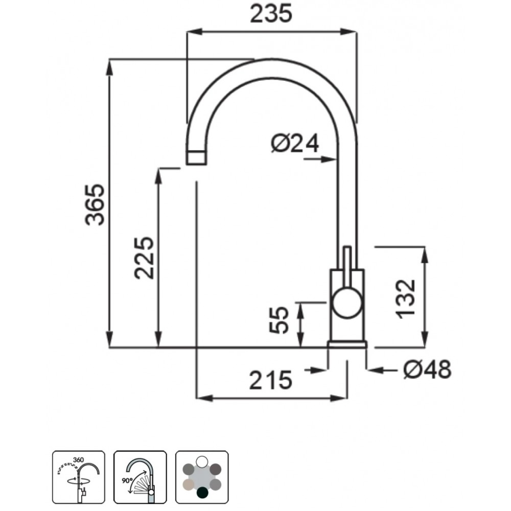 Disegno tecnico di un rubinetto con dimensioni. Misure di altezza: 365, 225, 132, 55.