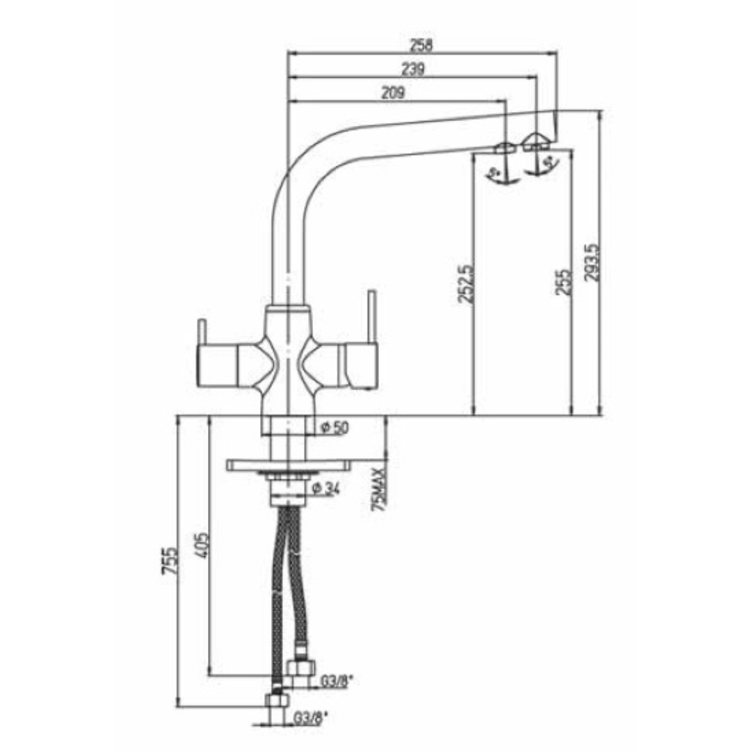 Disegno tecnico di un rubinetto con dimensioni e connessioni.