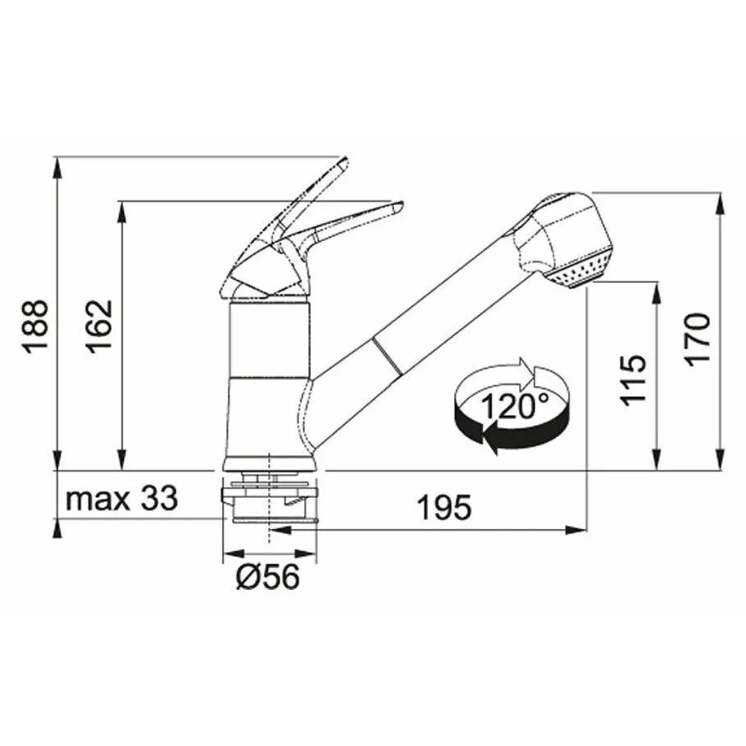Disegno tecnico di un rubinetto da cucina con dimensioni.