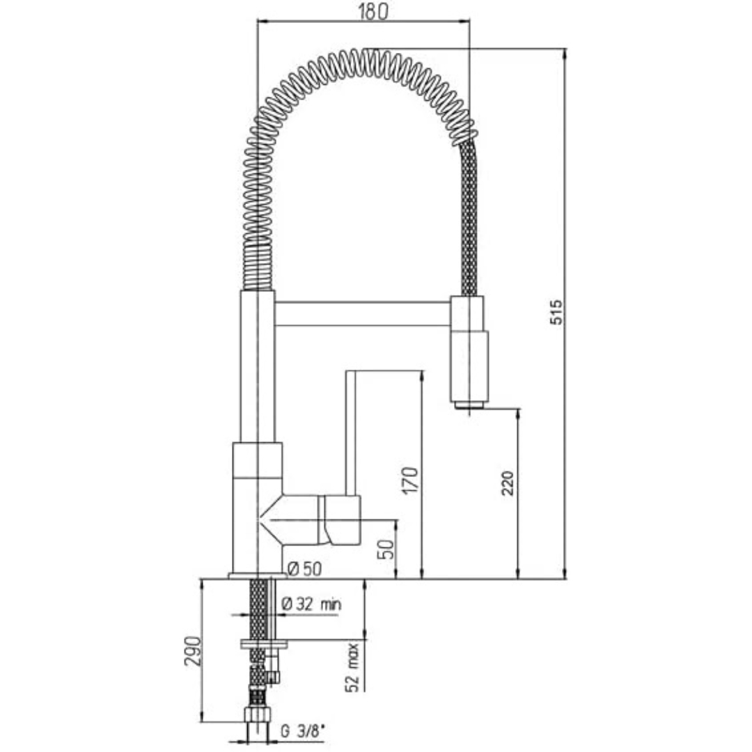Disegno tecnico di un rubinetto da cucina con tubo flessibile e dimensioni.