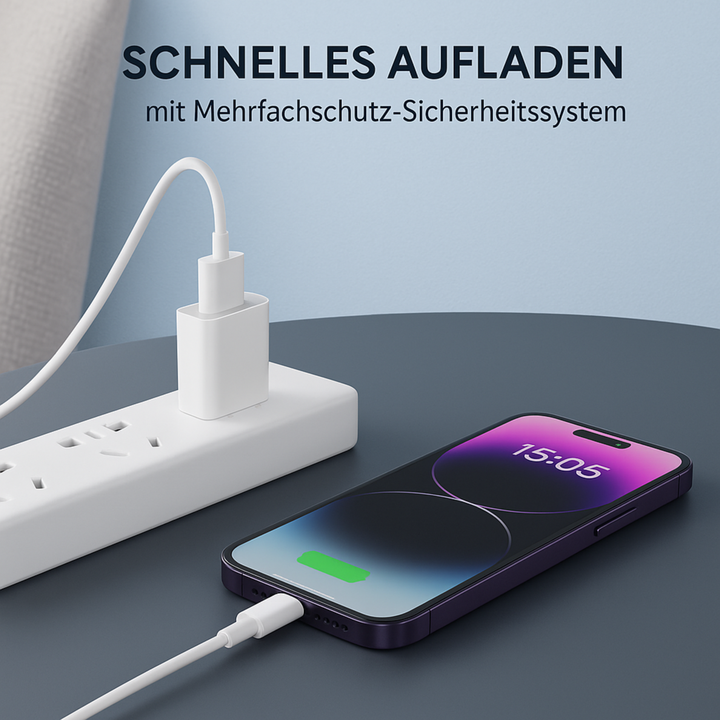 Ein Smartphone wird über ein weißes Kabel an eine weiße Steckdosenleiste geladen.