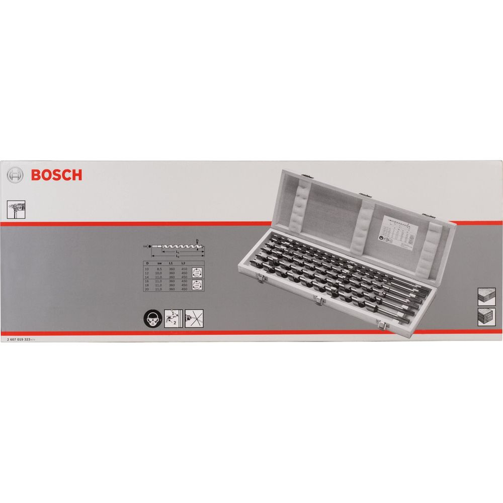 Bosch-Bohrer-Set in Holzkiste mit Größenangaben und Sicherheitssymbolen.