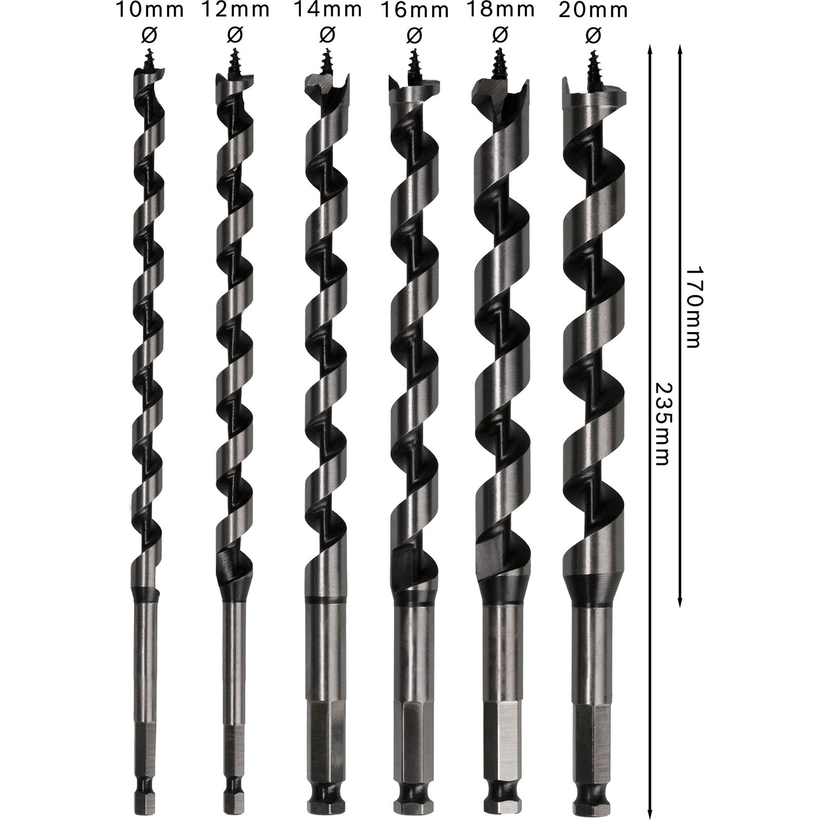Sechs Spiralbohrer mit Größenangaben von 10mm bis 20mm.